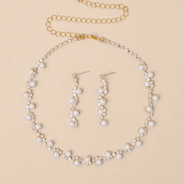 Haleema Gold Pearl Rhinestone Necklace and Earring Set